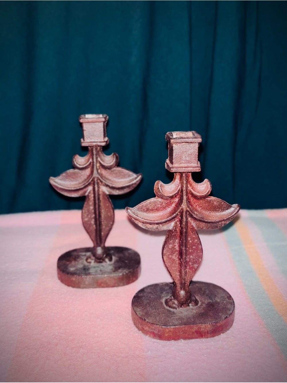 Vtg 1920s Set of (2) Gothic Cast Iron Fleur De Lis Candlestick Holders